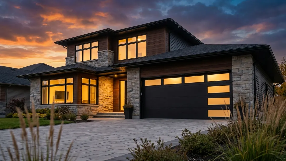 Modern GTA home with a premium black garage door installed by Summit Premium Services