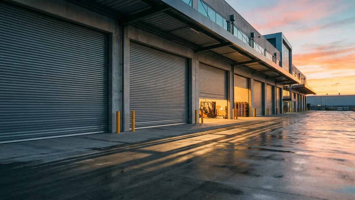 Commercial roll-up overhead doors at an industrial warehouse loading dock in the GTA
