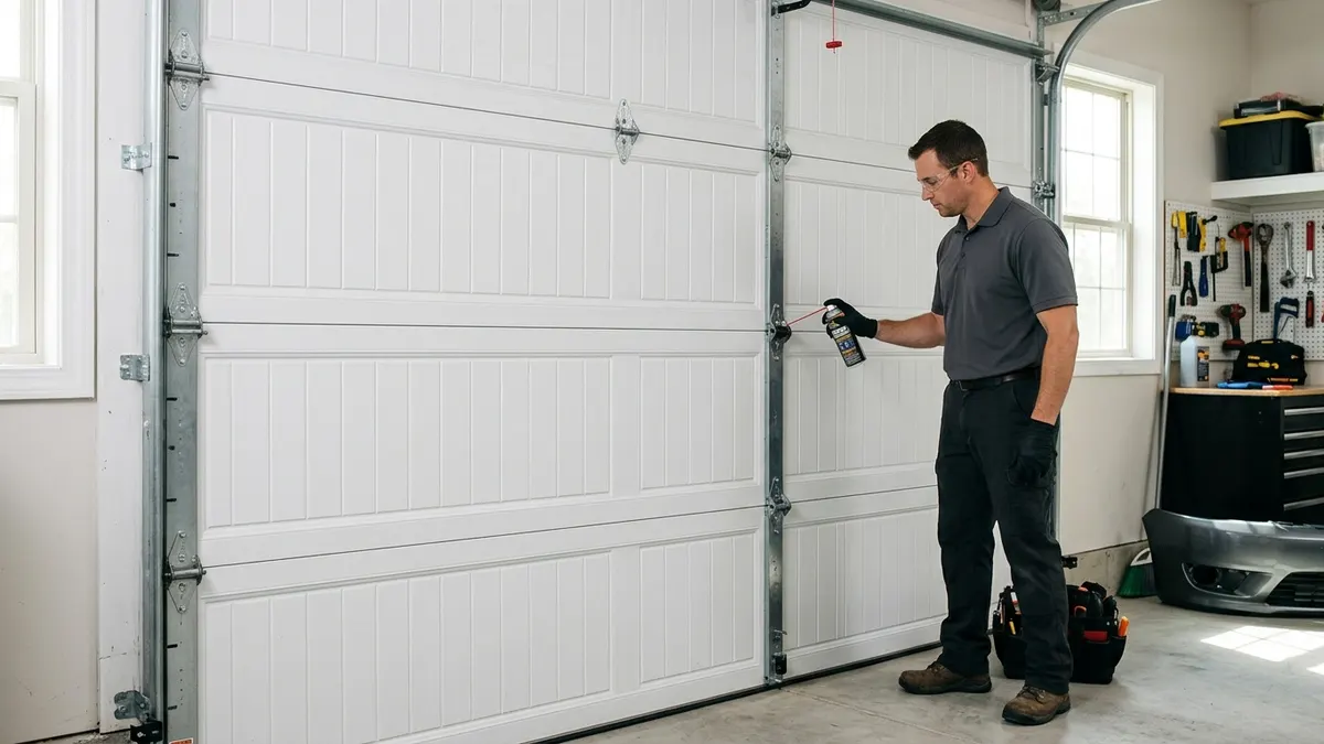 Technician lubricating garage door rollers during a maintenance tune-up