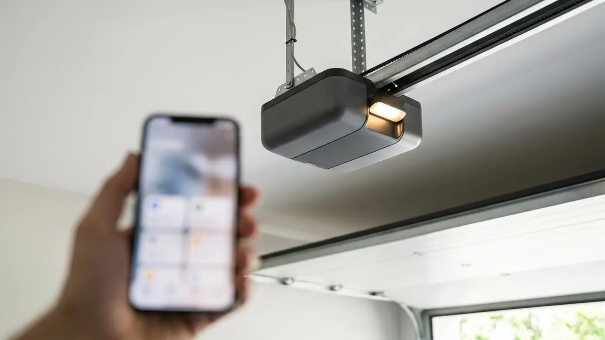 Smart Wi-Fi garage door opener installed on a garage ceiling with smartphone control