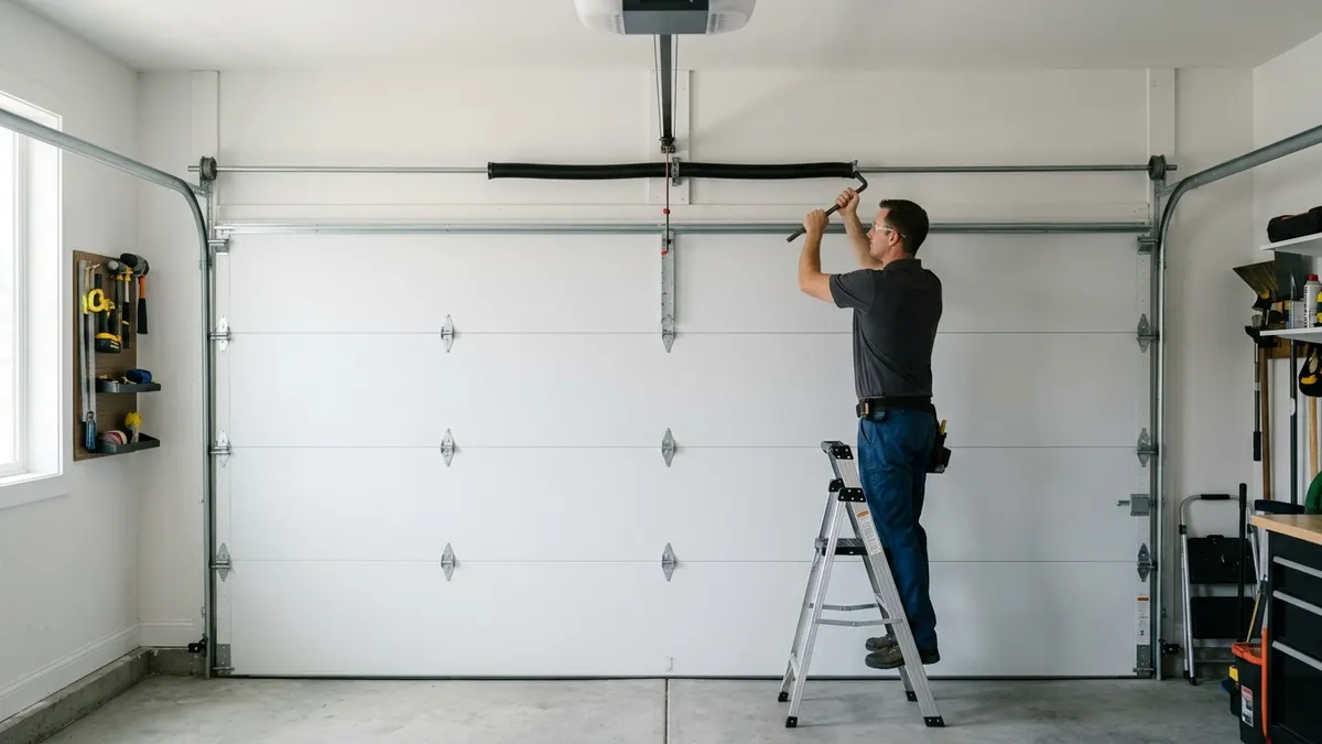 Garage door technician repairing a residential garage door in Toronto