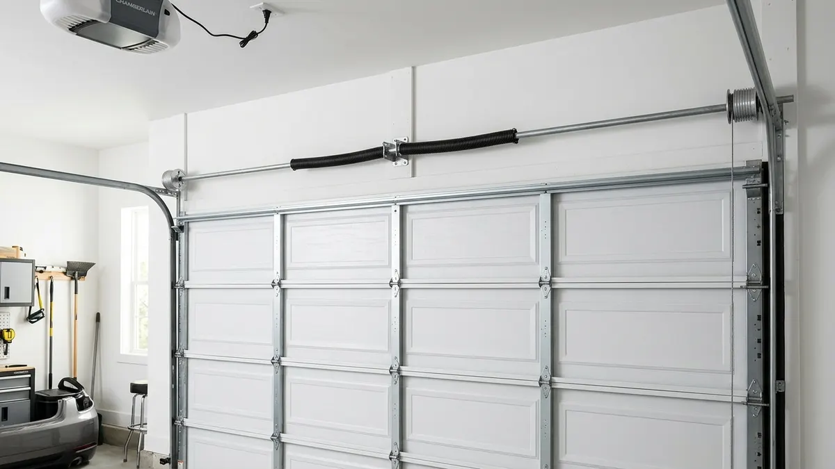Garage door torsion springs and cables above a garage door — spring replacement by Summit Premium Services